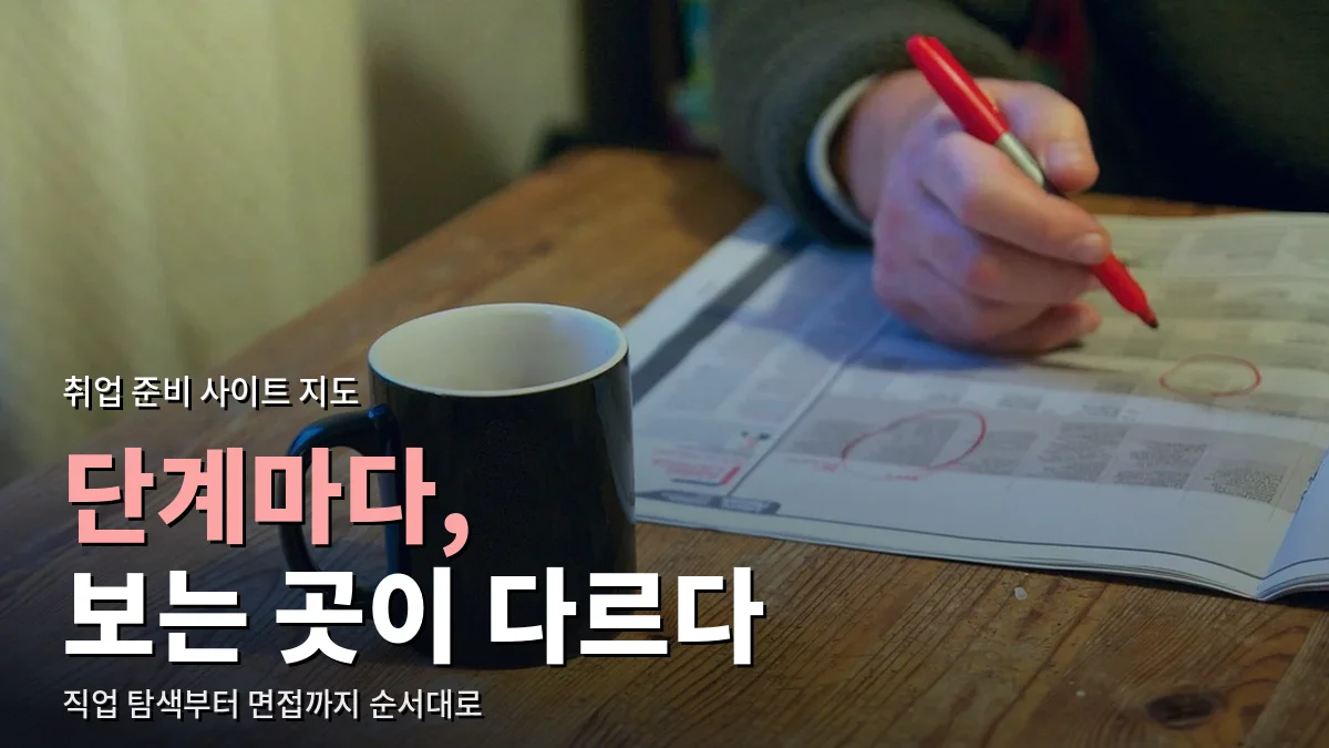 커피잔 옆에서 신문 구인 광고에 표시하는 손